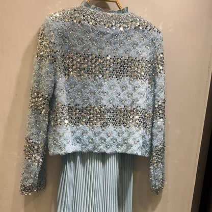 Luxury Pearl Beaded Diamond Grid Jacket & Pleated Dress Set(MS403) - A-1 Thread Vault