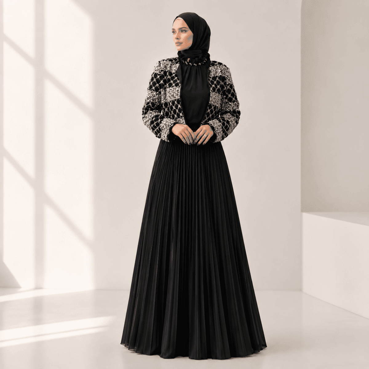 Luxury Pearl Beaded Diamond Grid Jacket & Pleated Dress Set(MS403) - A-1 Thread Vault