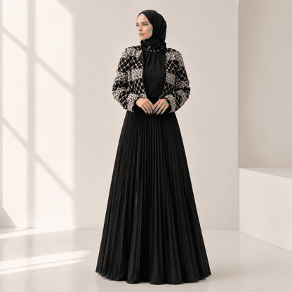 Luxury Pearl Beaded Diamond Grid Jacket & Pleated Dress Set(MS403) - A-1 Thread Vault
