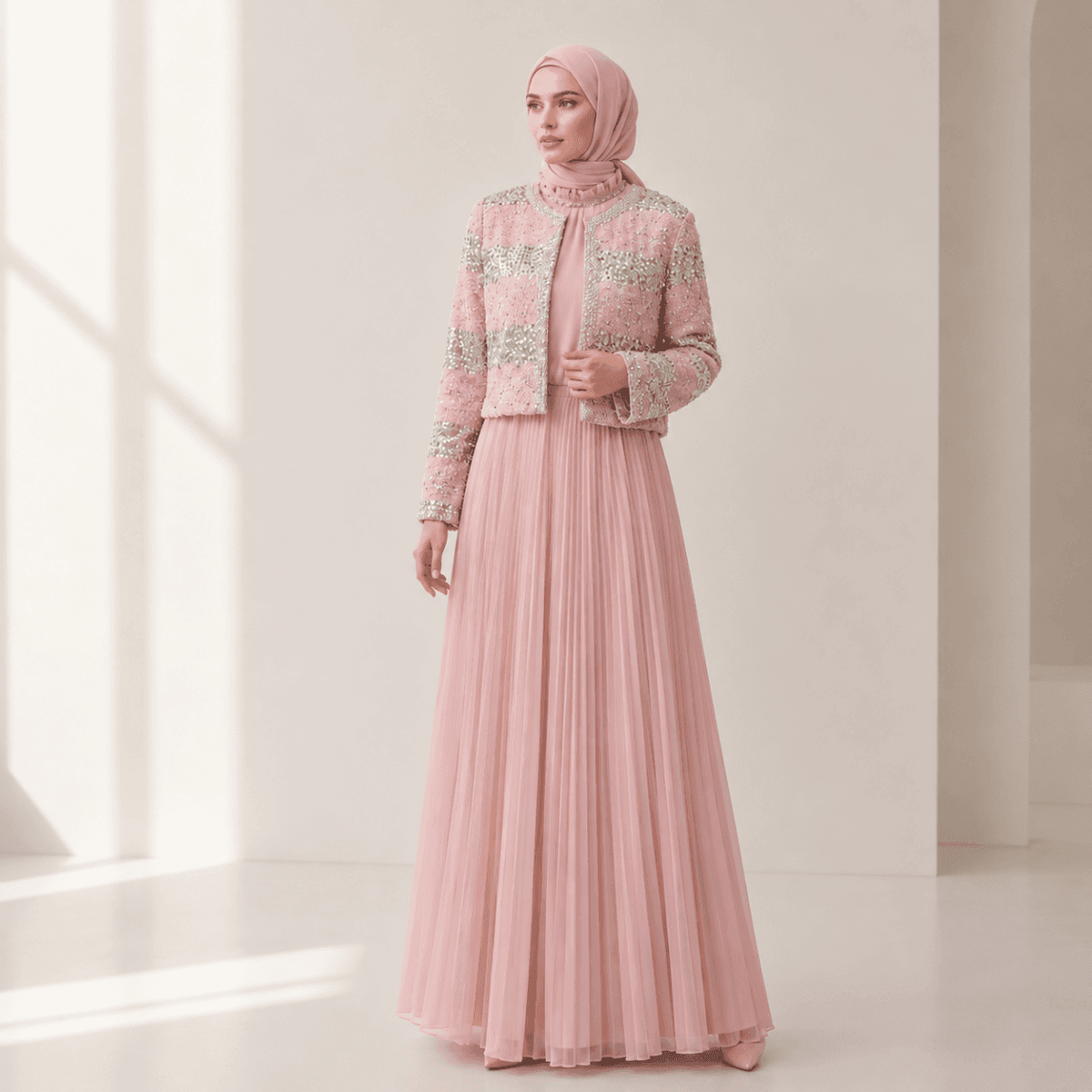 Luxury Pearl Beaded Diamond Grid Jacket & Pleated Dress Set(MS403) - A-1 Thread Vault
