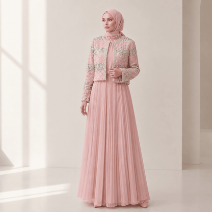 Luxury Pearl Beaded Diamond Grid Jacket & Pleated Dress Set(MS403) - A-1 Thread Vault