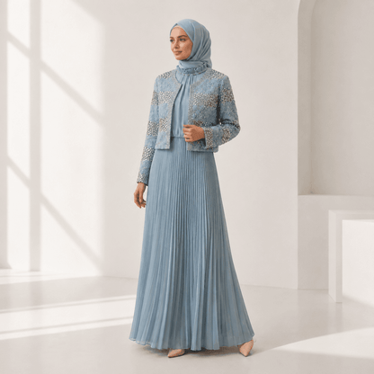 Luxury Pearl Beaded Diamond Grid Jacket & Pleated Dress Set(MS403) - A-1 Thread Vault