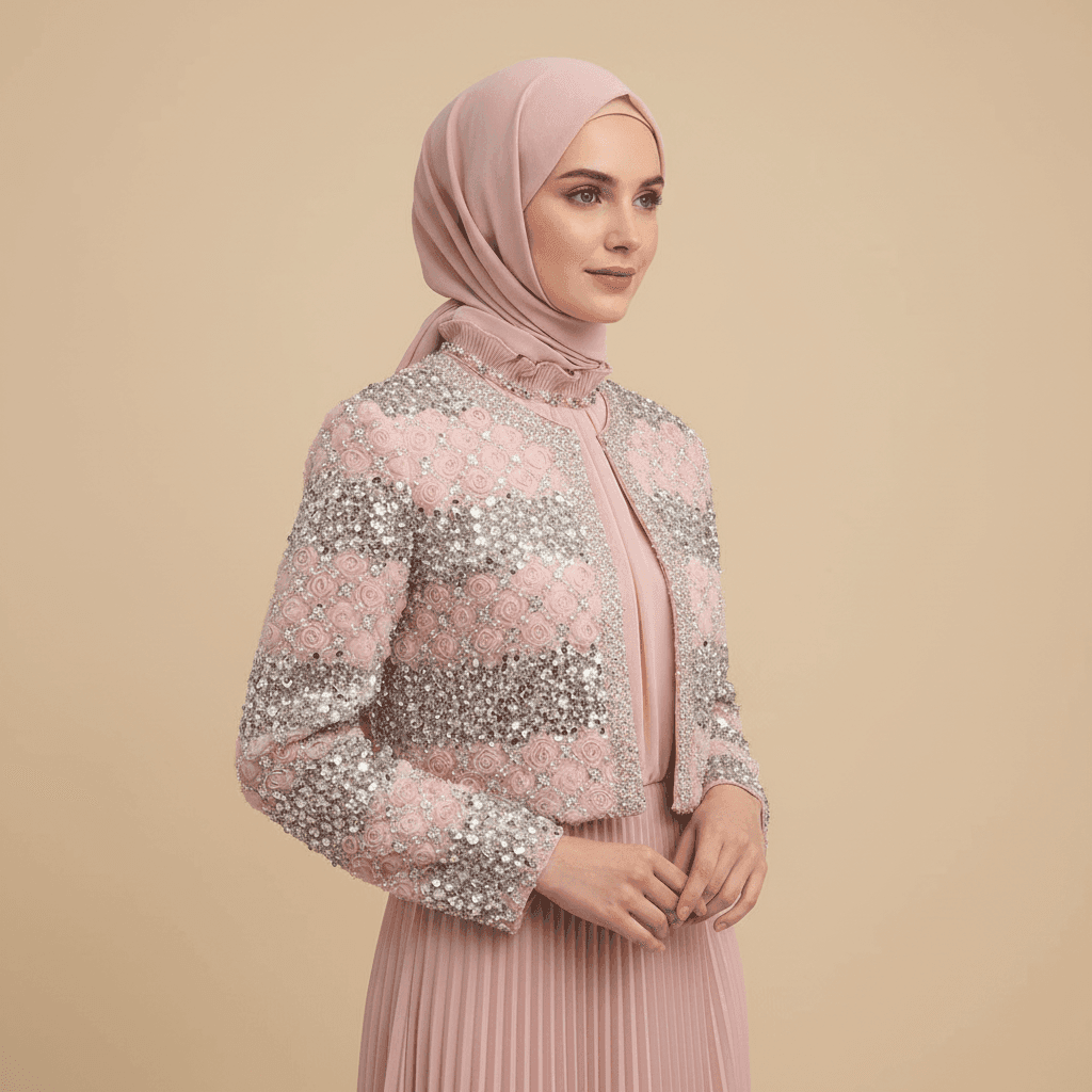 Luxury Pearl Beaded Diamond Grid Jacket & Pleated Dress Set(MS403) - A-1 Thread Vault