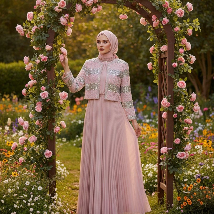 Luxury Pearl Beaded Diamond Grid Jacket & Pleated Dress Set(MS403) - A-1 Thread Vault