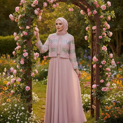 Luxury Pearl Beaded Diamond Grid Jacket & Pleated Dress Set(MS403) - A-1 Thread Vault