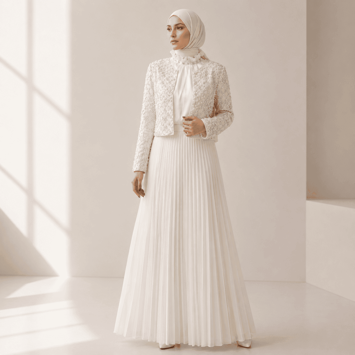 Luxury Pearl Beaded Diamond Grid Jacket & Pleated Dress Set(MS403) - A-1 Thread Vault