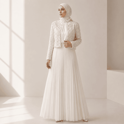 Luxury Pearl Beaded Diamond Grid Jacket & Pleated Dress Set(MS403) - A-1 Thread Vault
