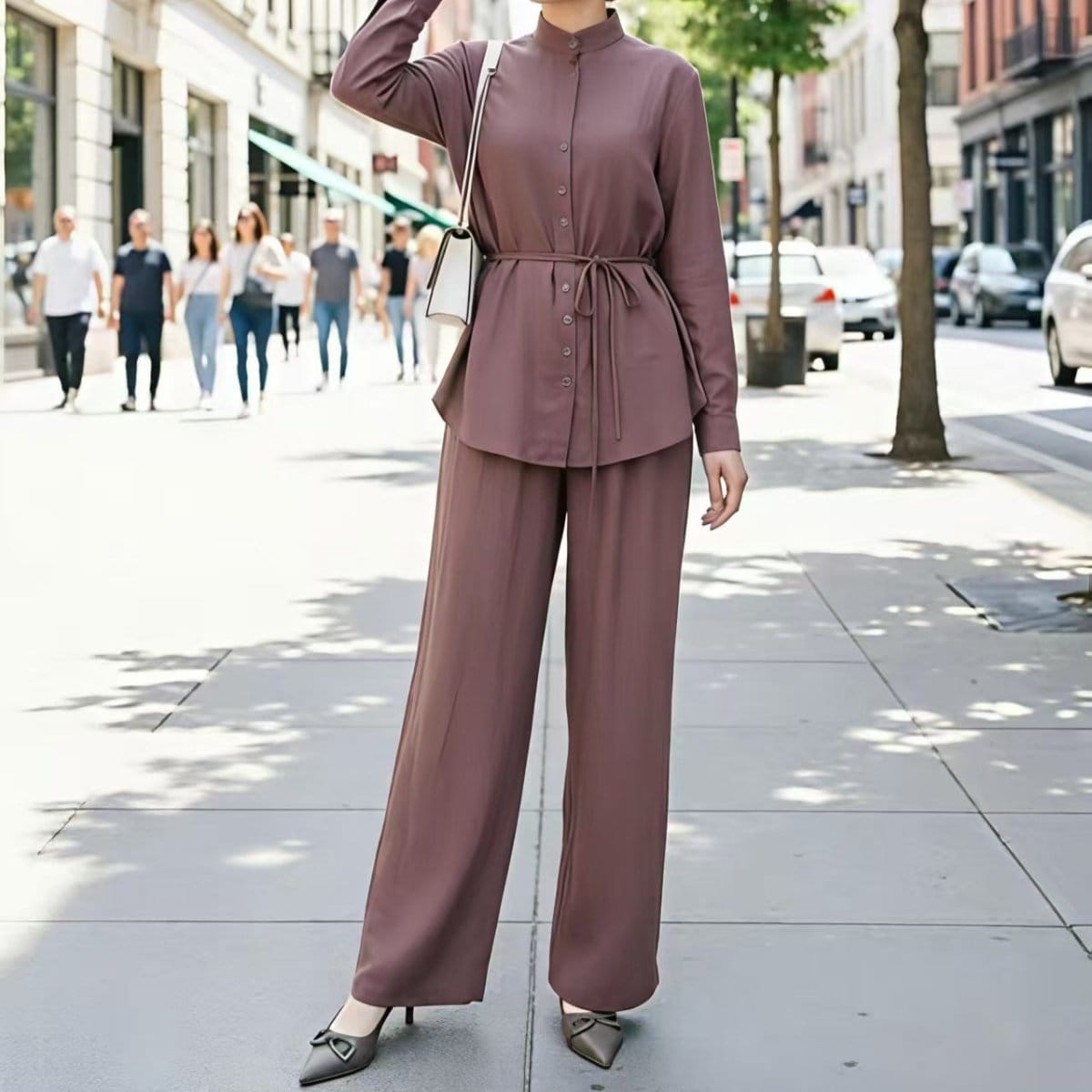 Mandarin Collar Drop-Shoulder Button Top & Wide-Leg Trouser Set(MS462) - A-1 Thread Vault