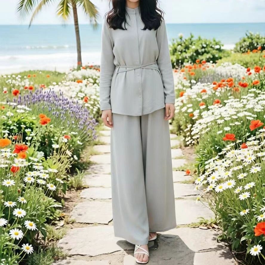 Mandarin Collar Drop-Shoulder Button Top & Wide-Leg Trouser Set(MS462) - A-1 Thread Vault