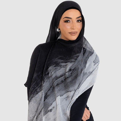 Marble Print Chiffon Hijab | Black & White Tie-Dye(MH227) - A-1 Thread Vault