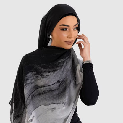 Marble Print Chiffon Hijab | Black & White Tie-Dye(MH227) - A-1 Thread Vault