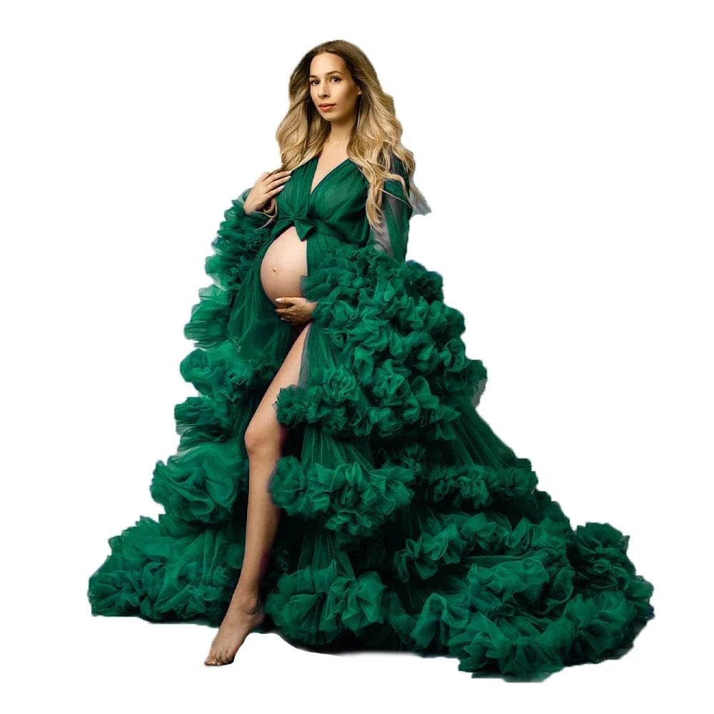 Maternity Dresses for Photoshoot Puffy Tulle Women Robe Long Sleeve Maxi Gown Wedding Anniversary Pregnancy Sleepwear Nightwear - A-1 Thread Vault