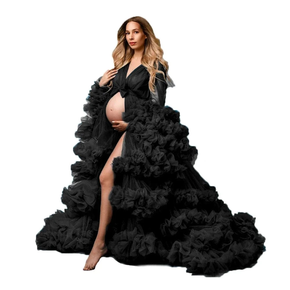 Maternity Dresses for Photoshoot Puffy Tulle Women Robe Long Sleeve Maxi Gown Wedding Anniversary Pregnancy Sleepwear Nightwear - A-1 Thread Vault