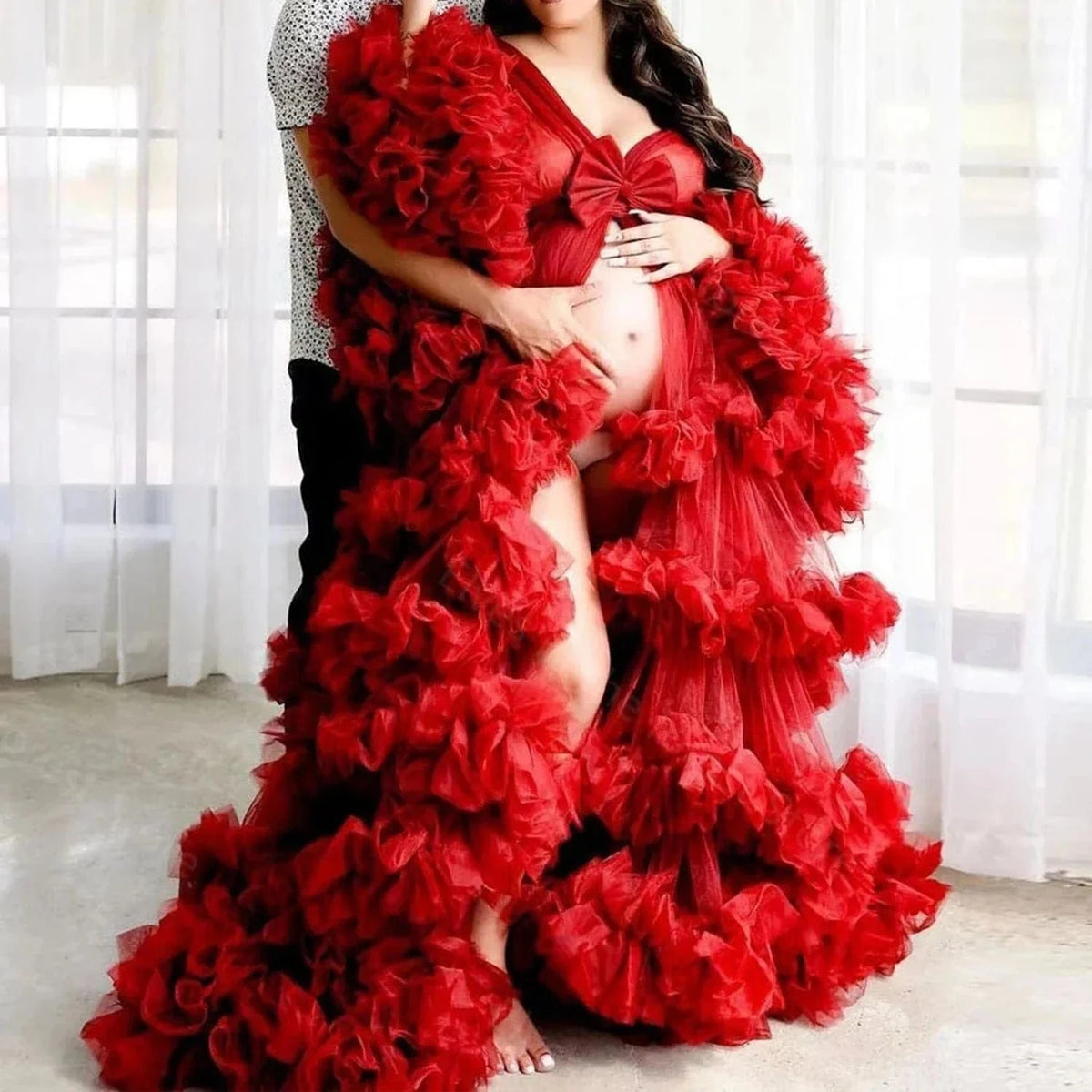 Maternity Dresses for Photoshoot Puffy Tulle Women Robe Long Sleeve Maxi Gown Wedding Anniversary Pregnancy Sleepwear Nightwear - A-1 Thread Vault