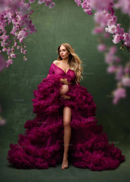 Maternity Dresses for Photoshoot Puffy Tulle Women Robe Long Sleeve Maxi Gown Wedding Anniversary Pregnancy Sleepwear Nightwear - A-1 Thread Vault