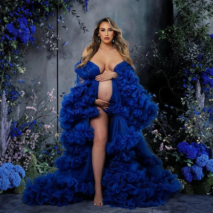 Maternity Dresses for Photoshoot Puffy Tulle Women Robe Long Sleeve Maxi Gown Wedding Anniversary Pregnancy Sleepwear Nightwear - A-1 Thread Vault