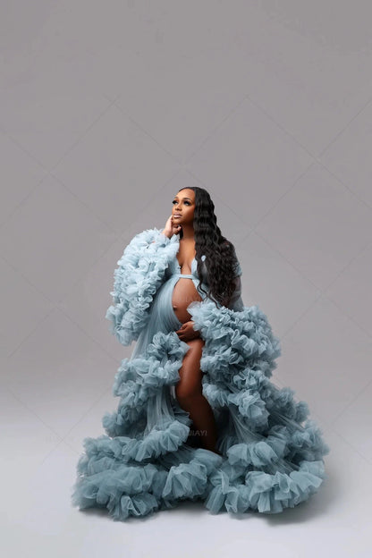 Maternity Dresses for Photoshoot Puffy Tulle Women Robe Long Sleeve Maxi Gown Wedding Anniversary Pregnancy Sleepwear Nightwear - A-1 Thread Vault