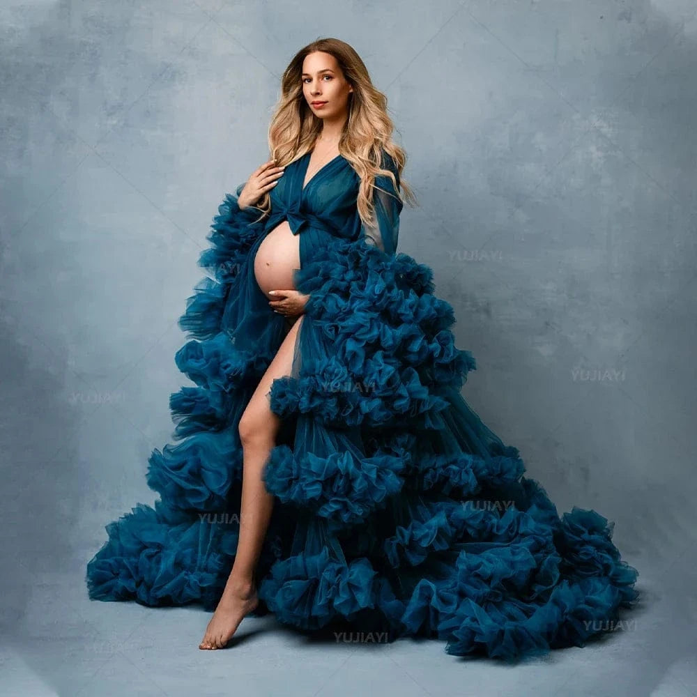 Maternity Dresses for Photoshoot Puffy Tulle Women Robe Long Sleeve Maxi Gown Wedding Anniversary Pregnancy Sleepwear Nightwear - A-1 Thread Vault