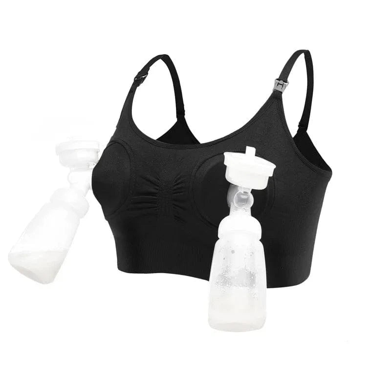 A black hands-free pumping bra with two attached white breast pump collection bottles against a white background.
