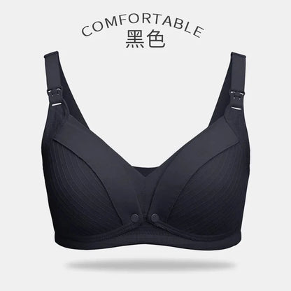 A black wireless nursing bra featuring ribbed fabric, adjustable shoulder straps with nursing clips, and front-opening clasps on a plain background.