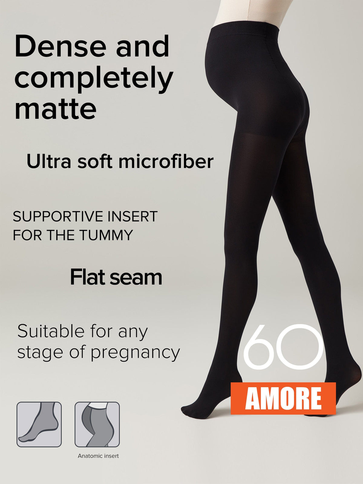 Black maternity tights worn by a pregnant woman, featuring a supportive tummy panel and a matte finish.