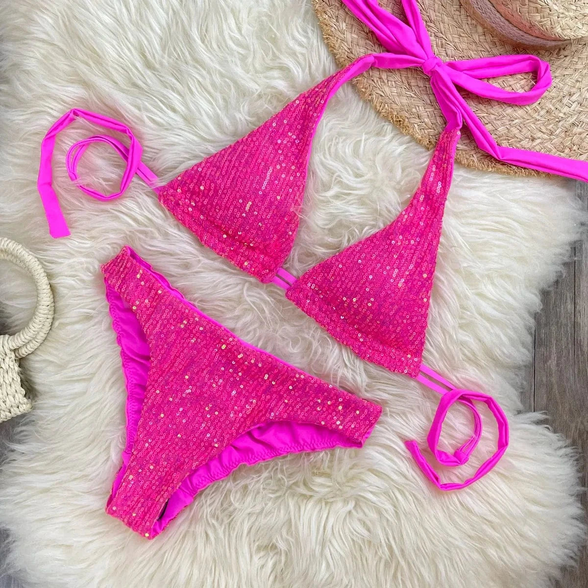 Melphieer Women's Sequins Sparkle Bikini Set Strappy Bandage Ruching Bum Two Piece Swimsuit for Beach Pool Club Holiday Outfits - A-1 Thread Vault