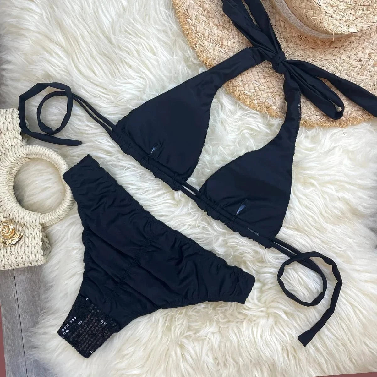 Melphieer Women's Sequins Sparkle Bikini Set Strappy Bandage Ruching Bum Two Piece Swimsuit for Beach Pool Club Holiday Outfits - A-1 Thread Vault