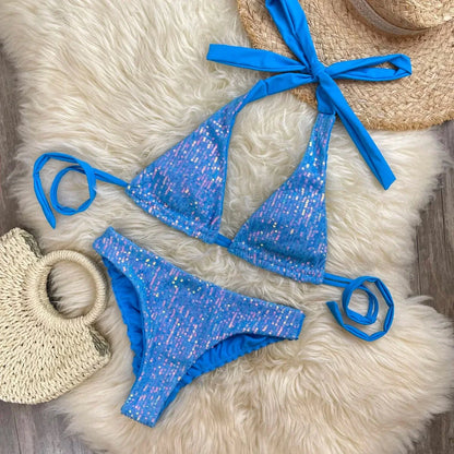 Melphieer Women's Sequins Sparkle Bikini Set Strappy Bandage Ruching Bum Two Piece Swimsuit for Beach Pool Club Holiday Outfits - A-1 Thread Vault