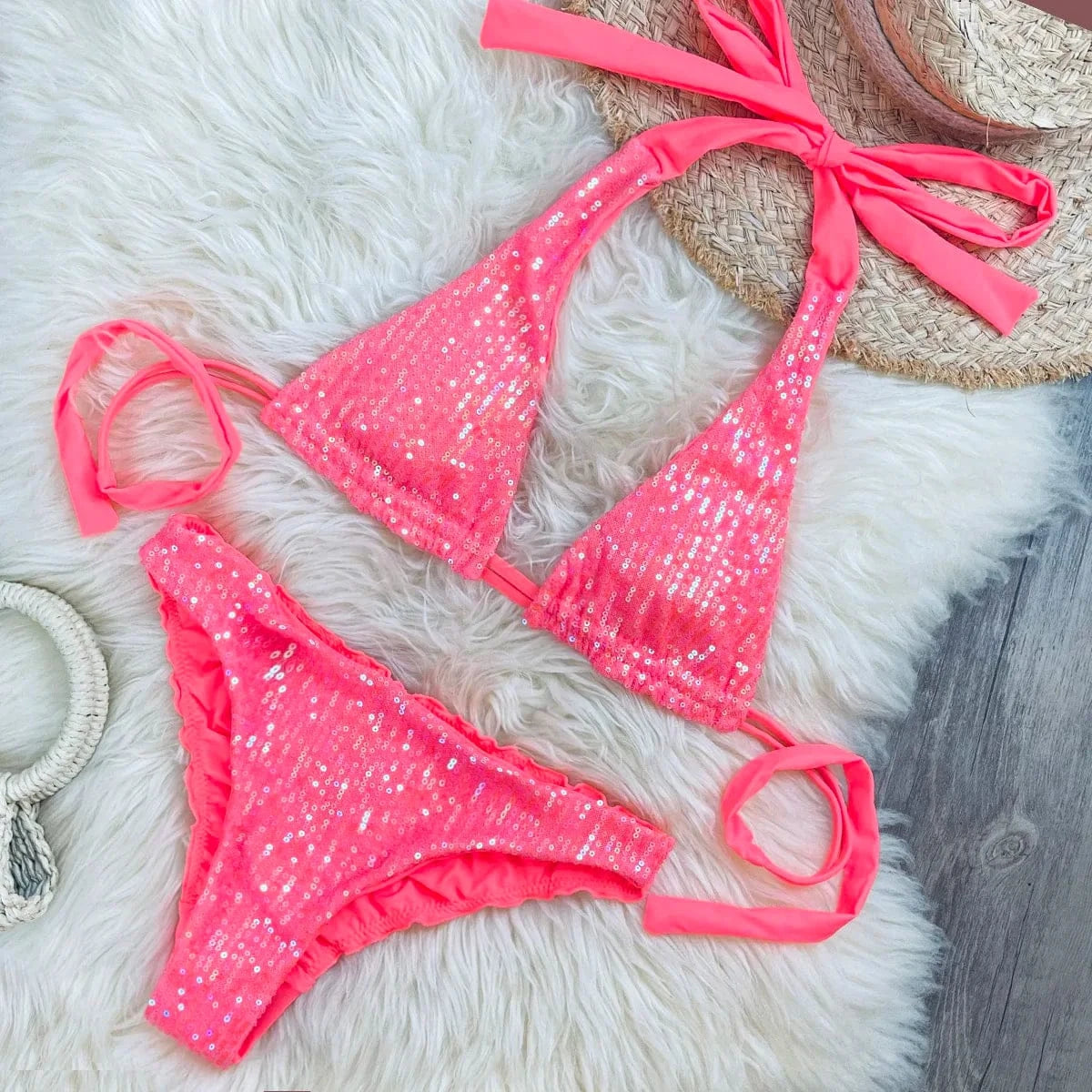 Melphieer Women's Sequins Sparkle Bikini Set Strappy Bandage Ruching Bum Two Piece Swimsuit for Beach Pool Club Holiday Outfits - A-1 Thread Vault