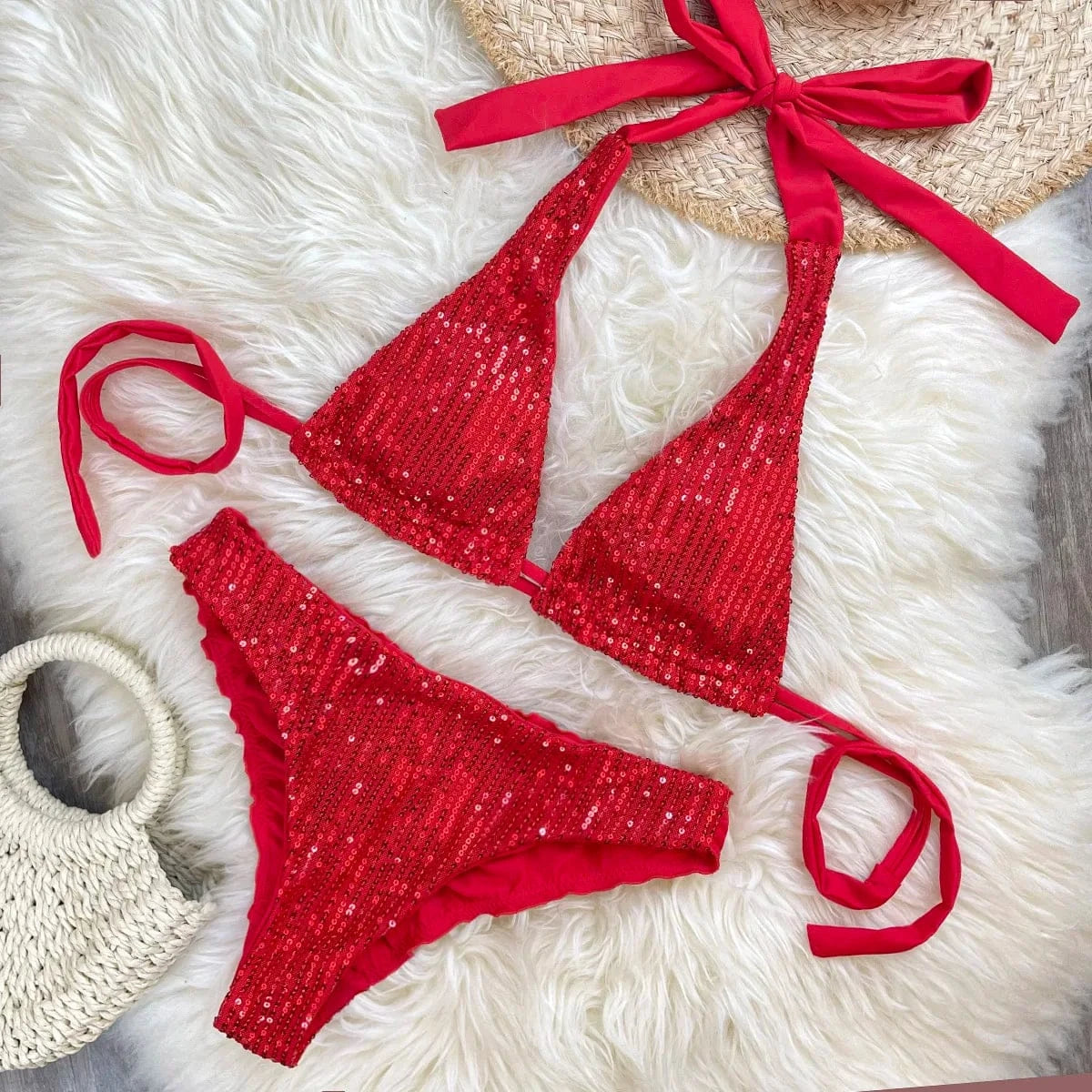 Melphieer Women's Sequins Sparkle Bikini Set Strappy Bandage Ruching Bum Two Piece Swimsuit for Beach Pool Club Holiday Outfits - A-1 Thread Vault