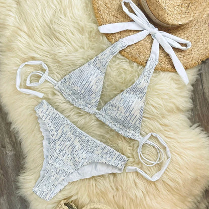 Melphieer Women's Sequins Sparkle Bikini Set Strappy Bandage Ruching Bum Two Piece Swimsuit for Beach Pool Club Holiday Outfits - A-1 Thread Vault