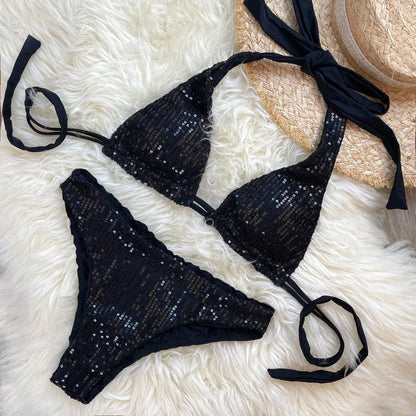 Melphieer Women's Sequins Sparkle Bikini Set Strappy Bandage Ruching Bum Two Piece Swimsuit for Beach Pool Club Holiday Outfits - A-1 Thread Vault