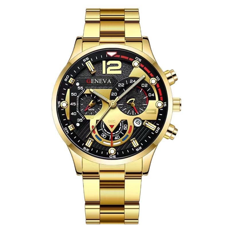 A gold-toned chronograph wristwatch features a round black dial with numerical markers, three sub-dials, and a metallic link bracelet.