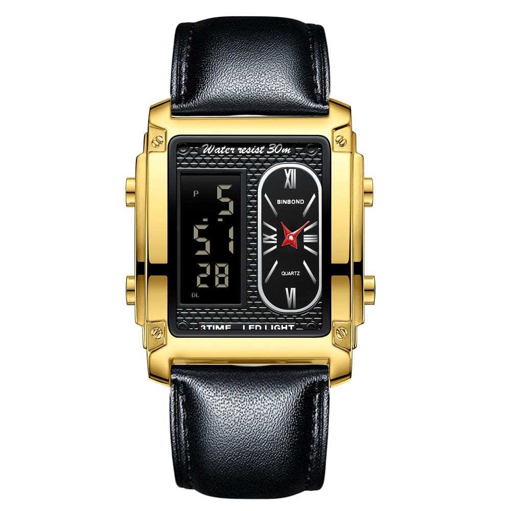 A gold-toned rectangular wristwatch with a black leather strap, featuring a dual display with a digital time interface on the left and an analog clock face on the right.
