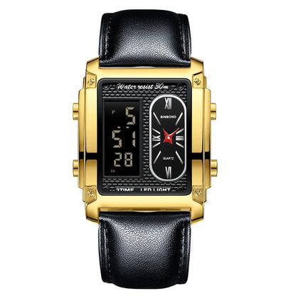 A gold-toned rectangular wristwatch with a black leather strap, featuring a dual display with a digital time interface on the left and an analog clock face on the right.