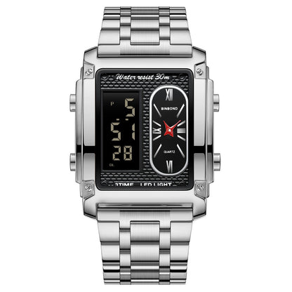 A rectangular silver-tone analog-digital watch with a metal link bracelet, featuring a black textured face with a digital display on the left and an analog clock dial with red hands on the right.