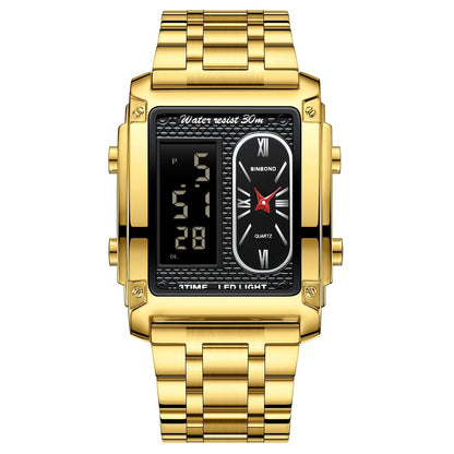 A gold-toned analog and digital wristwatch with a rectangular face featuring a black display, a metal link bracelet, and four side buttons.