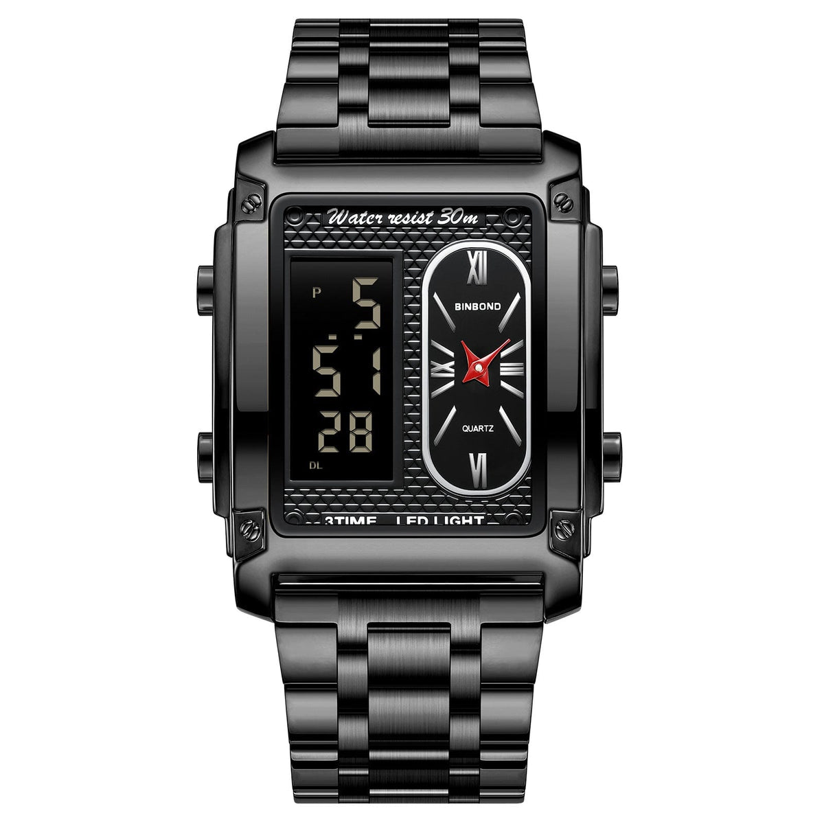 A rectangular black metal watch featuring a dual-display face with a digital time screen on the left and an analog clock dial with red hands on the right, secured by a link bracelet.
