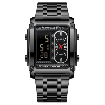 A rectangular black metal watch featuring a dual-display face with a digital time screen on the left and an analog clock dial with red hands on the right, secured by a link bracelet.