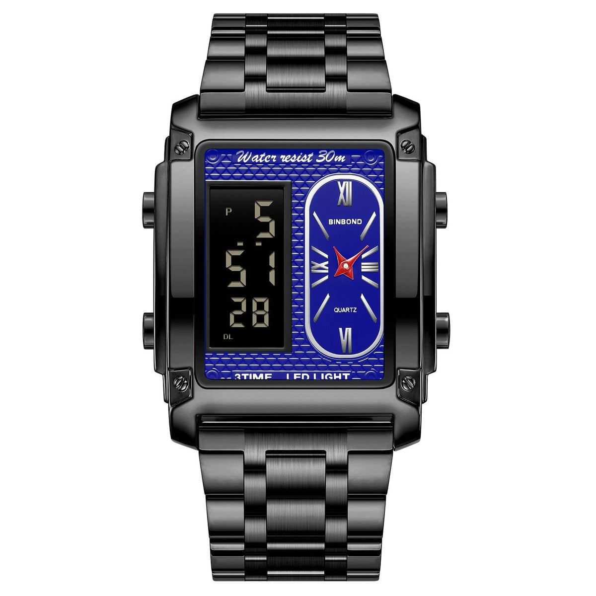 A rectangular analog-digital watch with a black metal link strap and a textured blue dial featuring a digital display on the left and a minimalist analog clock face on the right.