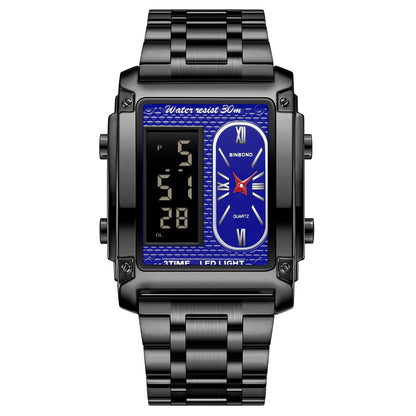 A rectangular analog-digital watch with a black metal link strap and a textured blue dial featuring a digital display on the left and a minimalist analog clock face on the right.