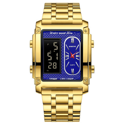 A gold-toned rectangular wristwatch with a stainless steel link band, featuring a dual display with a digital screen on the left and an analog clock face on the right with a blue textured background.