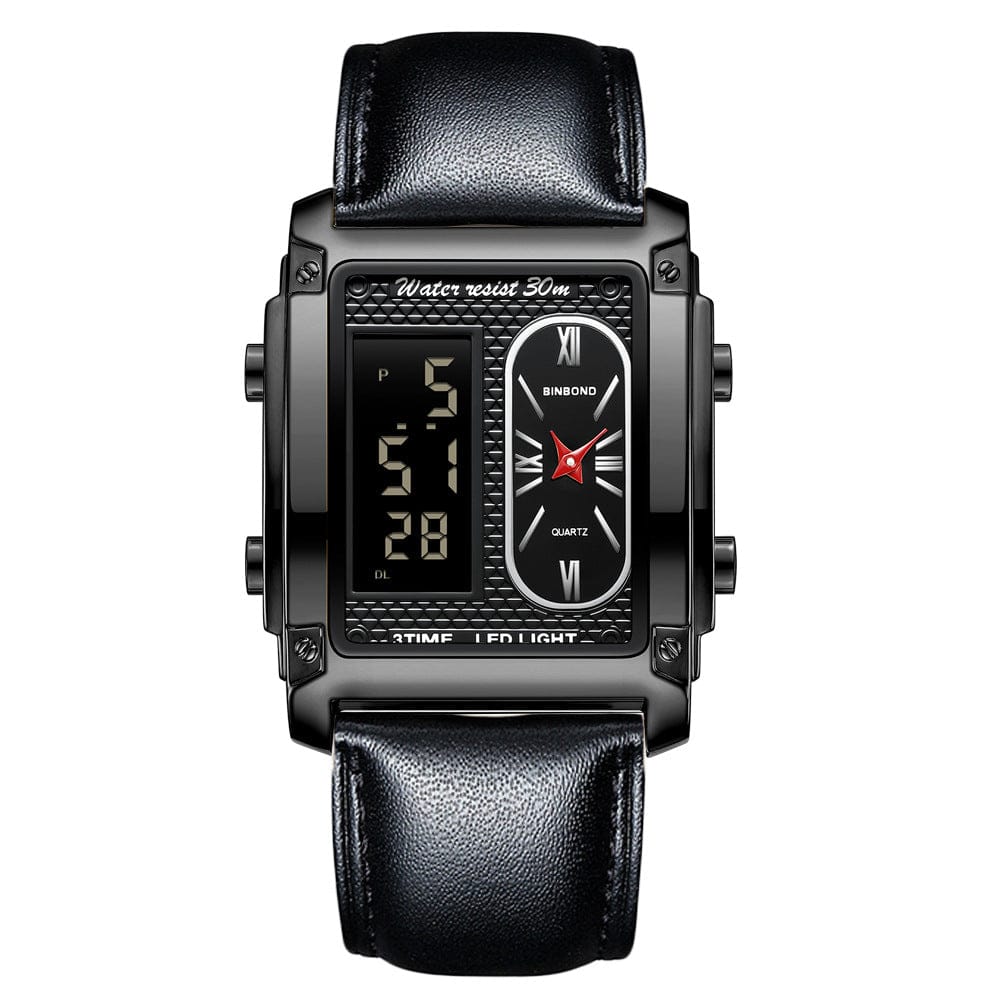 A rectangular black wristwatch with a black leather strap featuring a digital display on the left side and an analog clock face on the right.