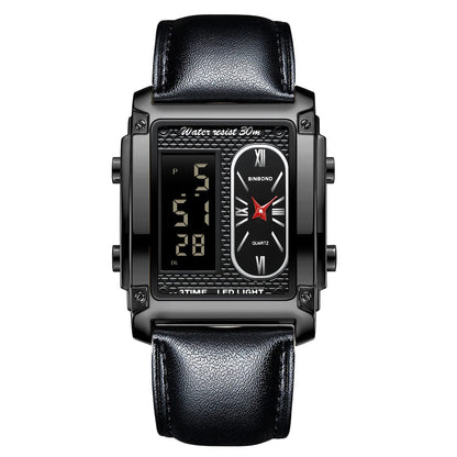 A rectangular black wristwatch with a black leather strap featuring a digital display on the left side and an analog clock face on the right.