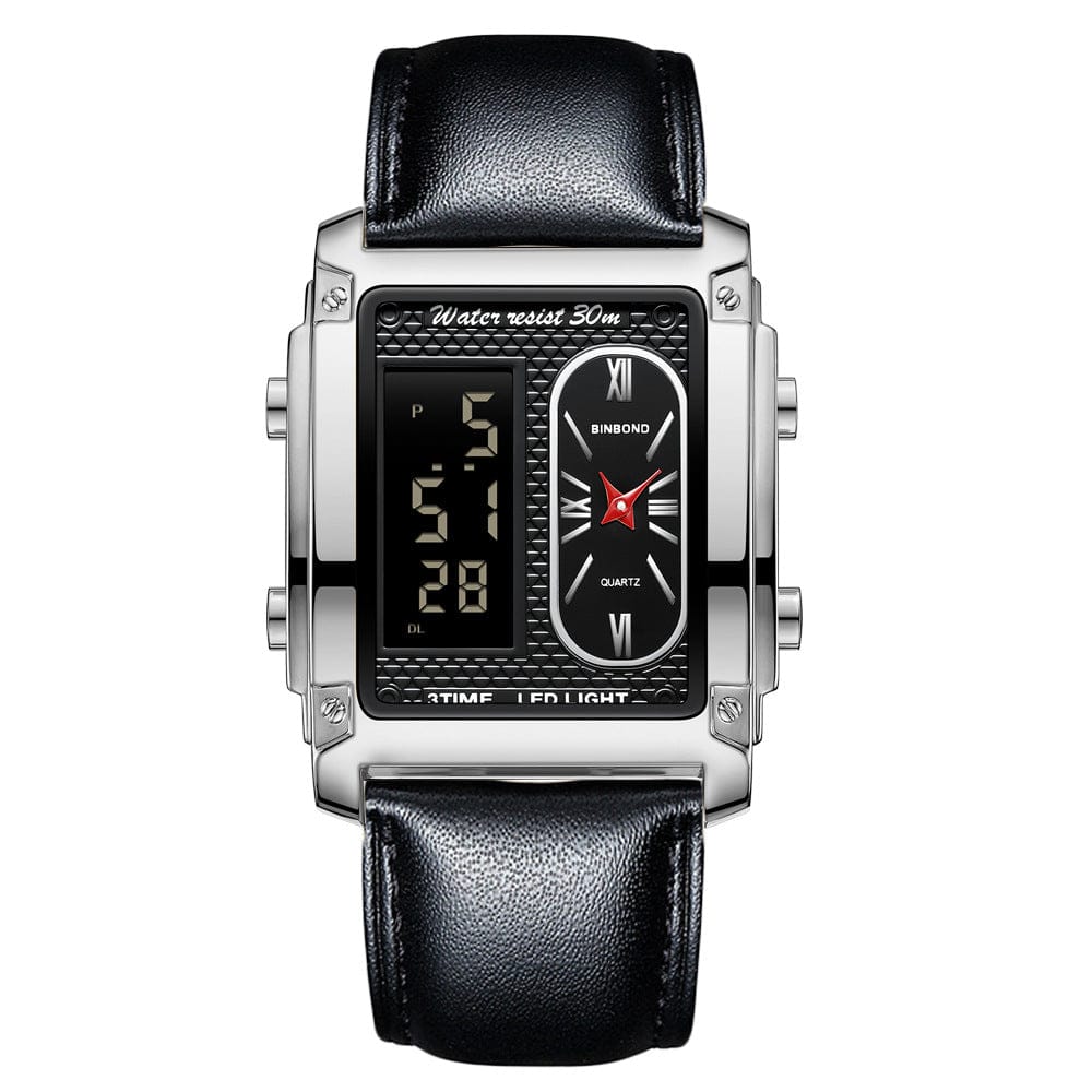 A rectangular analog-digital watch with a black leather strap, silver-tone case, and a black dial featuring a digital display on the left and a small analog clock face on the right.