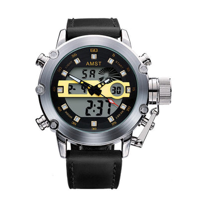 An analog-digital watch featuring a round stainless steel case with a black dial, gold horizontal accents, and a black leather strap.