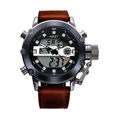 A round analog-digital wristwatch with a black dial, luminous hands, and a brown leather strap featuring a protective metal crown guard.