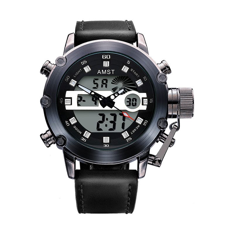 A black analog and digital wristwatch featuring a round face, a leather strap, and four prominent buttons surrounding the bezel.