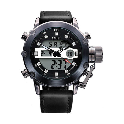 A black analog and digital wristwatch featuring a round face, a leather strap, and four prominent buttons surrounding the bezel.