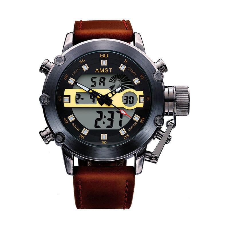 A round analog-digital wristwatch with a brown leather strap, a dark grey metal bezel, and a black dial featuring yellow accents, digital displays, and a prominent crown guard on the right side.